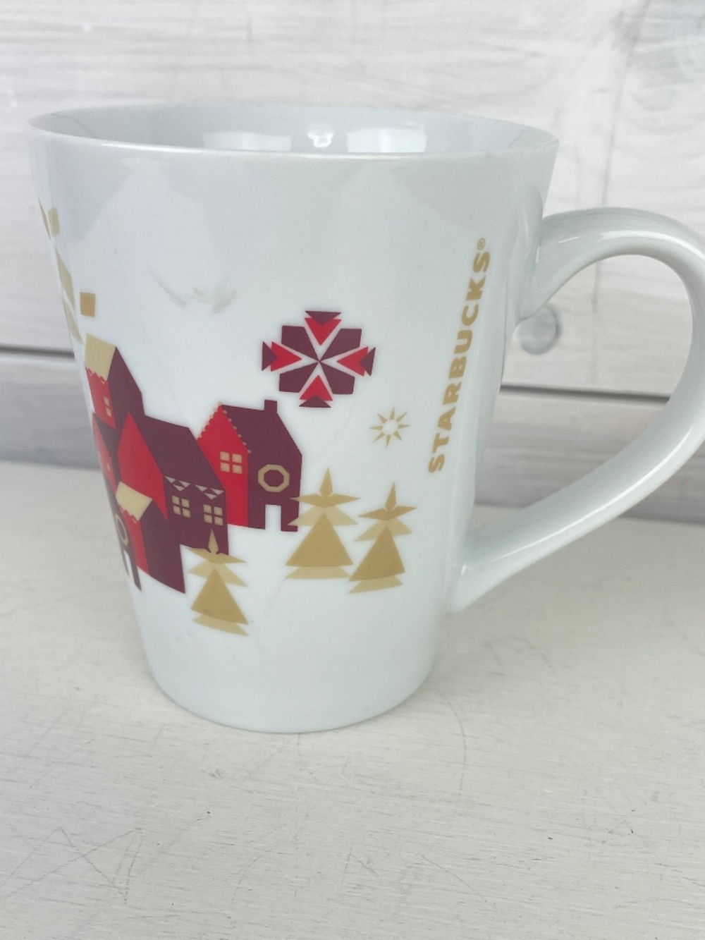 Starbucks Christmas Coffee Mug 2013 White Ceramic Red Houses Gold Trees
